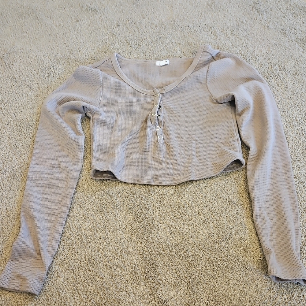 Garage Taupe Ribbed Knit Snap Front Crop Top XS